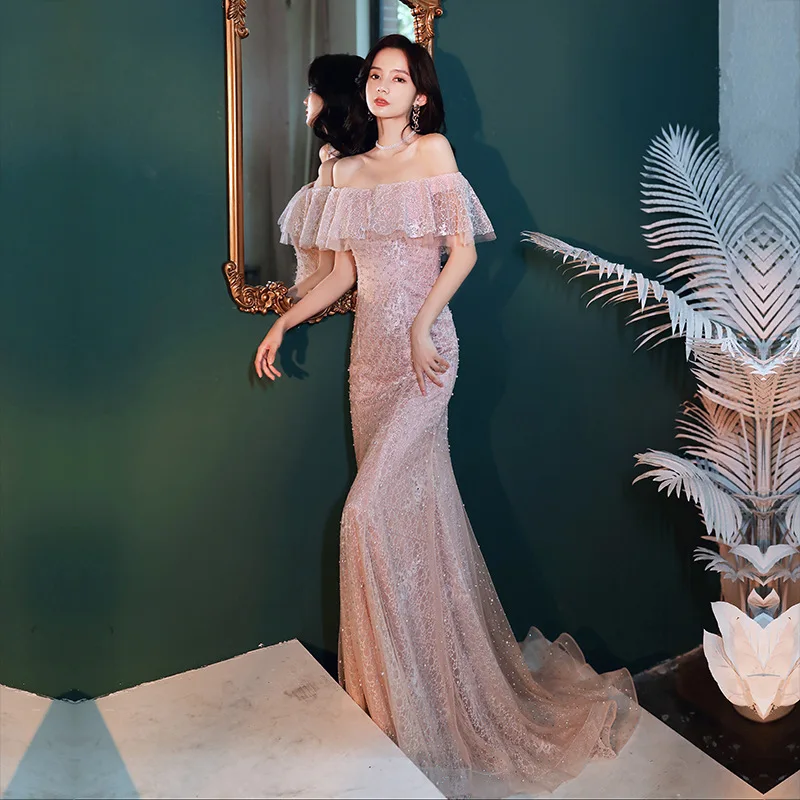 

Pink Sexy Long Evening Dresses Elegant Off Shoulder Beading Evening Gowns Mermaid Hot Sell Sweet Fairy Dress Vestidos De Fiesta
