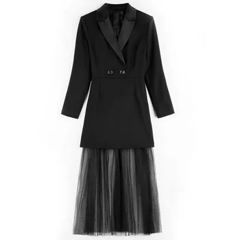 

Notched Womens A-Line Dresses 2020 New Mesh Spring Fashion Slim Star Style Long Sleeve Office Lady Robe Femme Vestidos Size S-XL