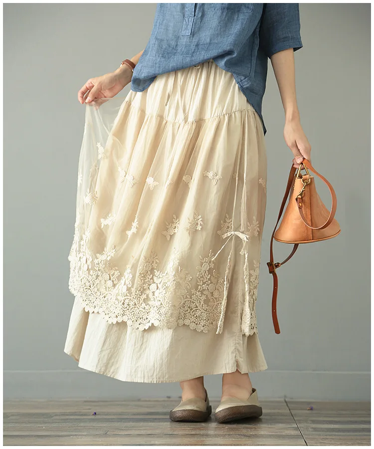 Девушка Мори милое юбка с цветочной вышивкой Harajuku Женская эластичная талия свободная кружевная длинная юбка Макси Повседневная Новинка женские юбки