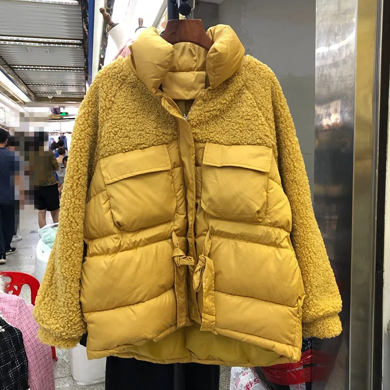 Femme Harajuku парка с воротником-стойкой для женщин Зимняя Толстая теплая куртка Женская Лоскутная куртка из овечьей шерсти на молнии с шнурком хлопковое пальто