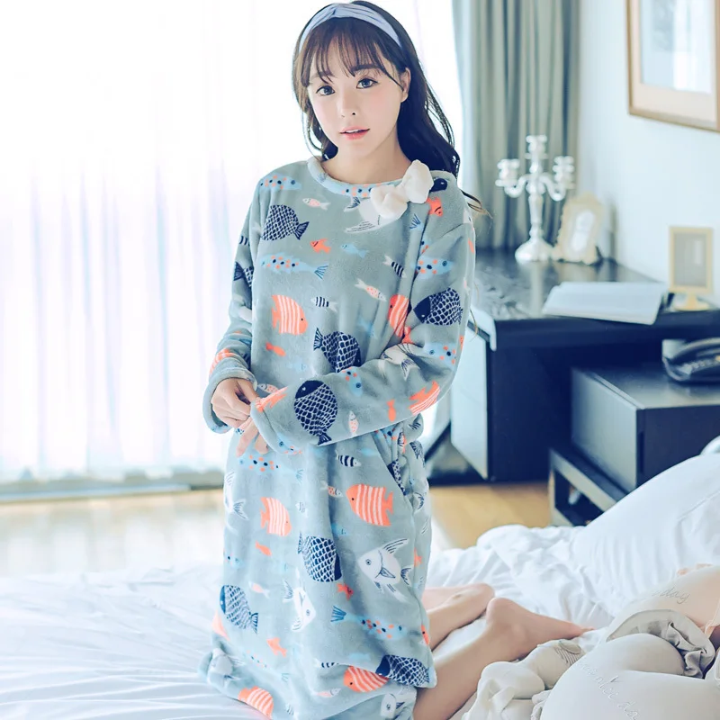 Модная женская зимняя Ночная юбка; домашняя одежда для отдыха с длинными рукавами; теплая фланелевая ночная рубашка для женщин; платье для сна для девочек - Цвет: 03009