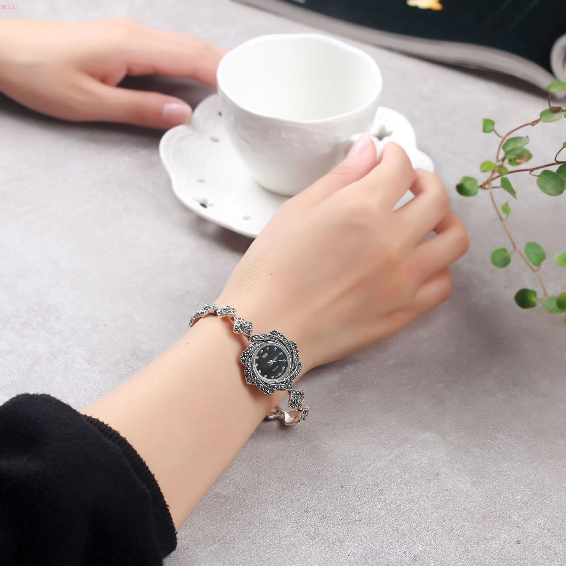 Серебро 925 S925 Стерлинговое серебро ювелирные изделия простые Красивые Ретро цветок женские часы браслеты модный браслет для женщин