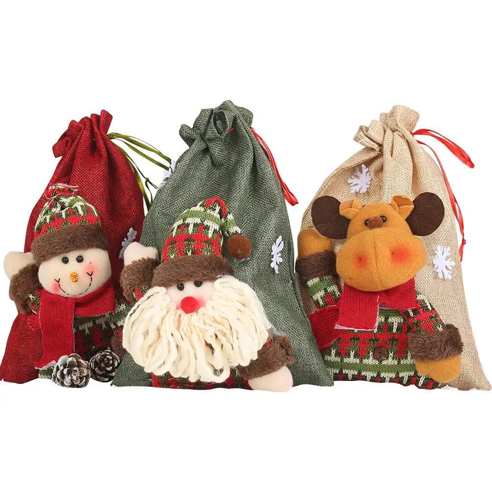 Christmas Candy Bag Linen Drawstring Canvas Gift Bags Santa Deer Elk Ride New Year Xmas Best Gifts For Kids Event Party Decor 4