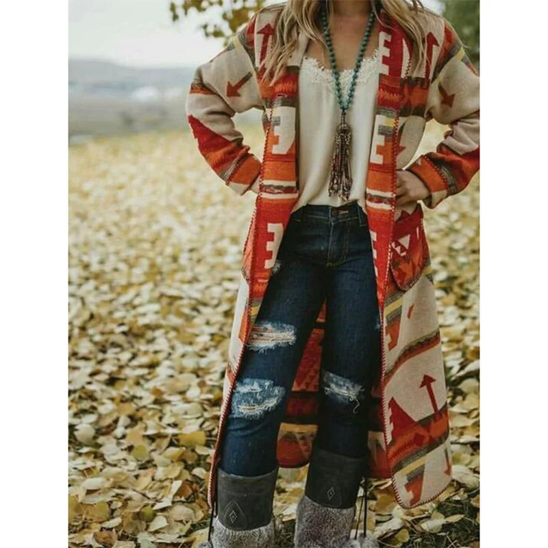 

Hot Selling Western Style WOMEN'S Dress 2019 Autumn And Winter New Style Slim Fit Tops Long Sleeve Printed Long Coat