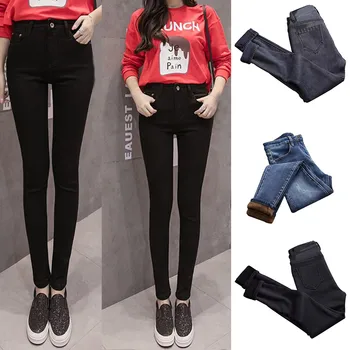 

New Style Women High Waist Warm Jeans Pants Thick Plush Lined Skinny Denim Stretchy Trousers