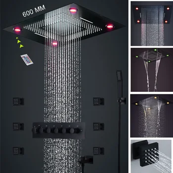 

24 Inch Matte black shower set LED ceiling square rainfall shower head waterfall masage body jet 2 inch thermostatic mixer valve