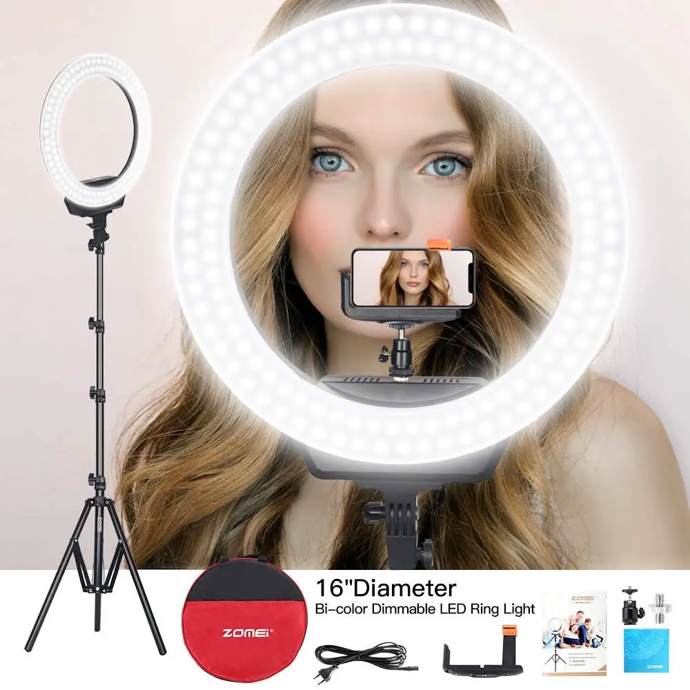 

Ring Light 16" Led Ring Light Bicolor Dimmable Photo Fill Light Continuous Illumination Tripod and Phone Holder Selfie Makeup