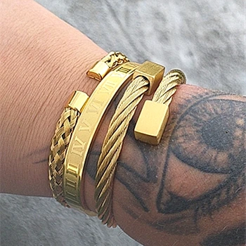 Luxury 3pcs/Set Stainless Steel Bracelet Hip Hop Men Jewelry Roman Number Charm Gold Color Jewelry For Men Pulseira Bileklik