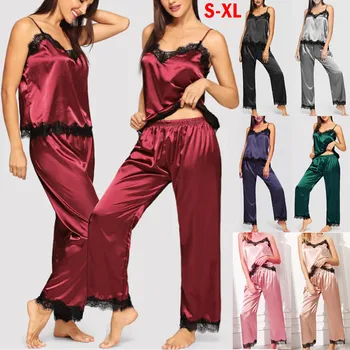 

New Elegant Fashion Lady Silk Satin Casual Sleepwear Babydoll Sexy Lingerie Women Nightwear Sling Pajamas Set