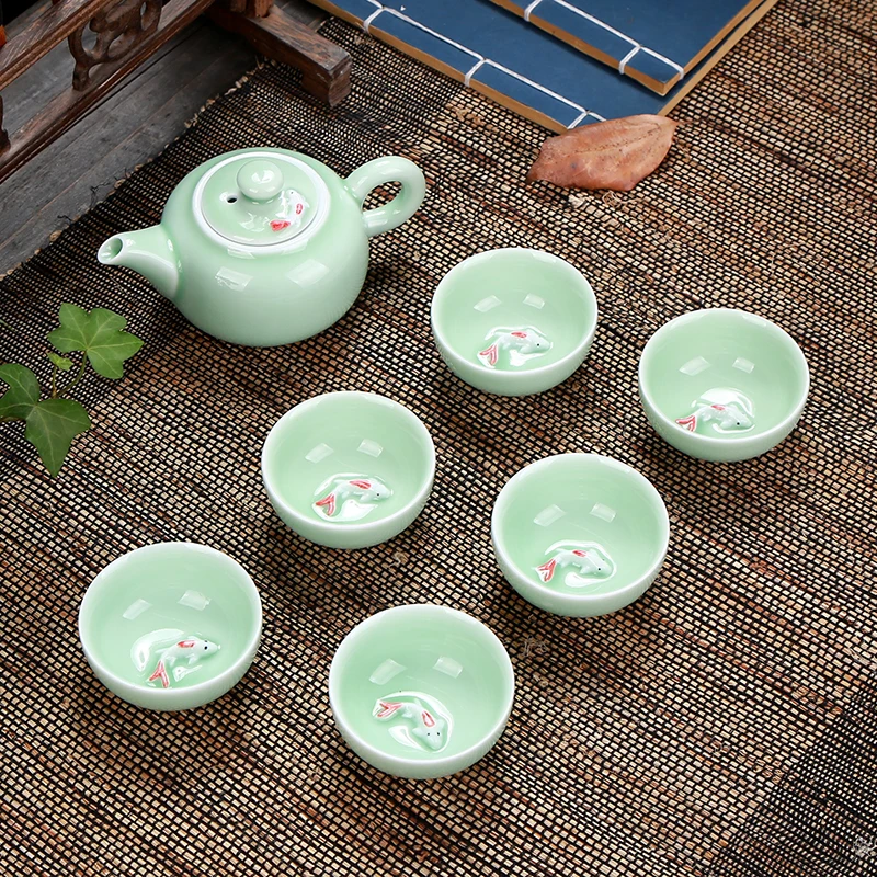 Longquan Celadon Fish Tea Set Ceramic Kettle Ceramic Gaiwan Tea Cup fish chinese kung fu tea pot drinkware For friend Gift