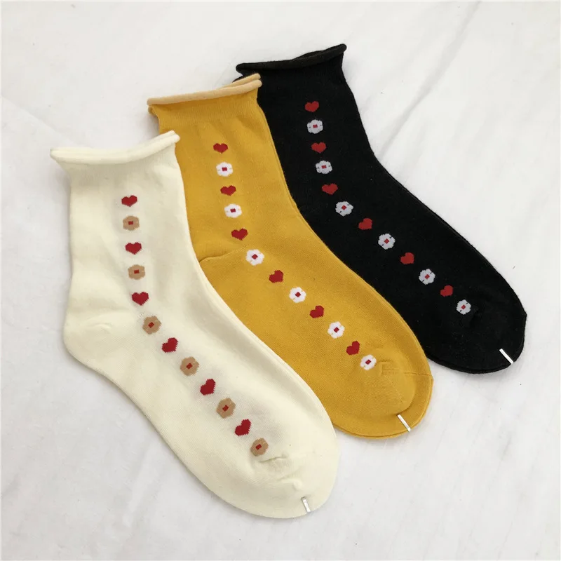 Чистый цвет любящее сердце с цветочным принтом носки осень зима для женщин хлопок Японский harajuku край носка дышащие впитывают пот