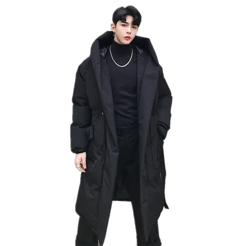 M-xl! Зимний стиль, дизайн талии, мужское длинное пальто с капюшоном, хлопковое пальто, темно-черное дизайнерское молодежное пальто-плащ