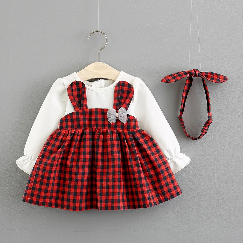 Girls Dress Autumn Korean-style Children Fake 2-Piece Skirt Western Style Pure Cotton Send Hair Bands Baby Skirt