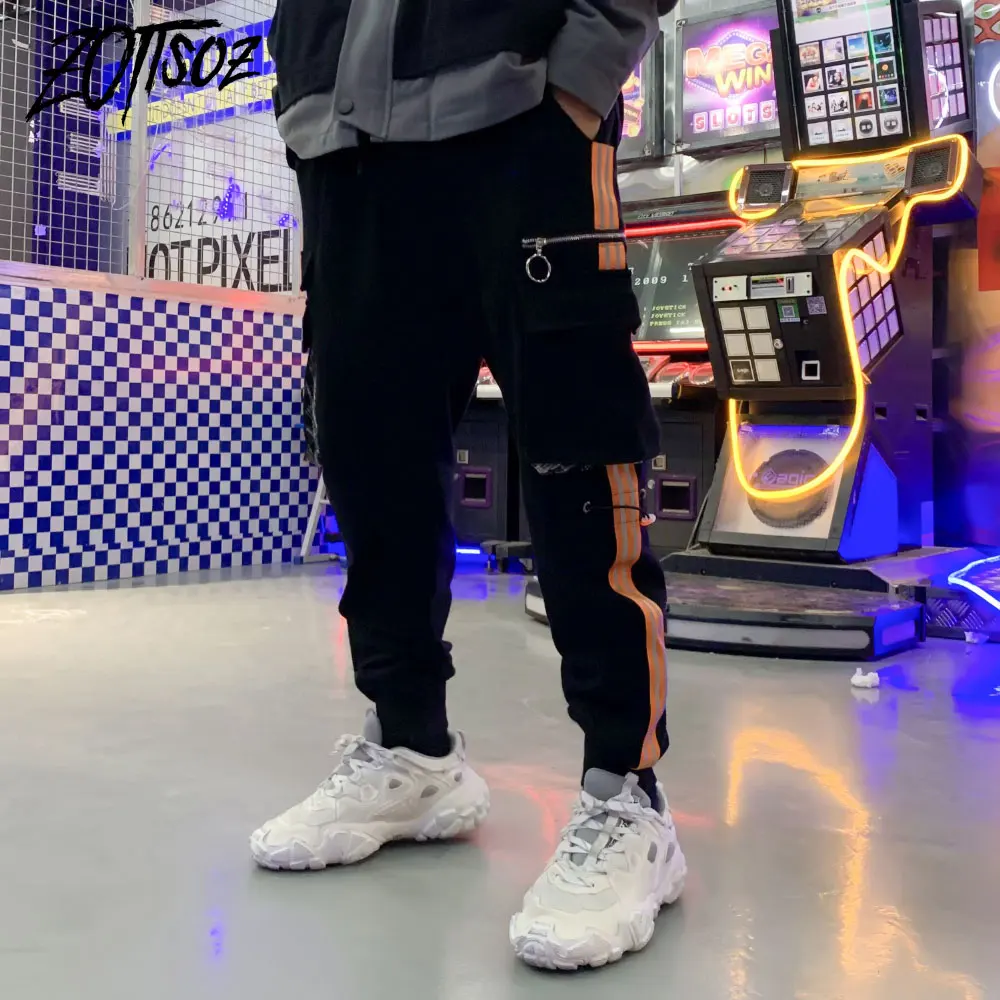 

ZOTTSOZ Casual Pants Reflective Streetwear Men Hip Hop Harajuku Fashion Multi Pockets Loose Cargo Joggers Harem Trousers Male