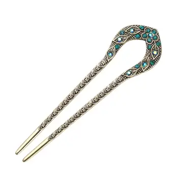 

Double Prong Hair Pin U Shaped Crystal Chignon Hairpin Stick Hairstyle Accessory for Women Girls (Blue)