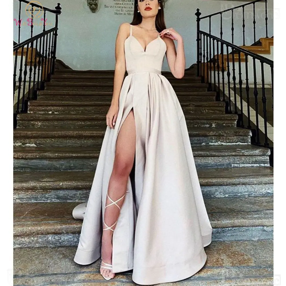 

Ivory Split Formal Party A-Line Long Women Prom Dress 2020 Spaghetti Straps Satin ladies Evening Gowns vestidos De fiesta Robe