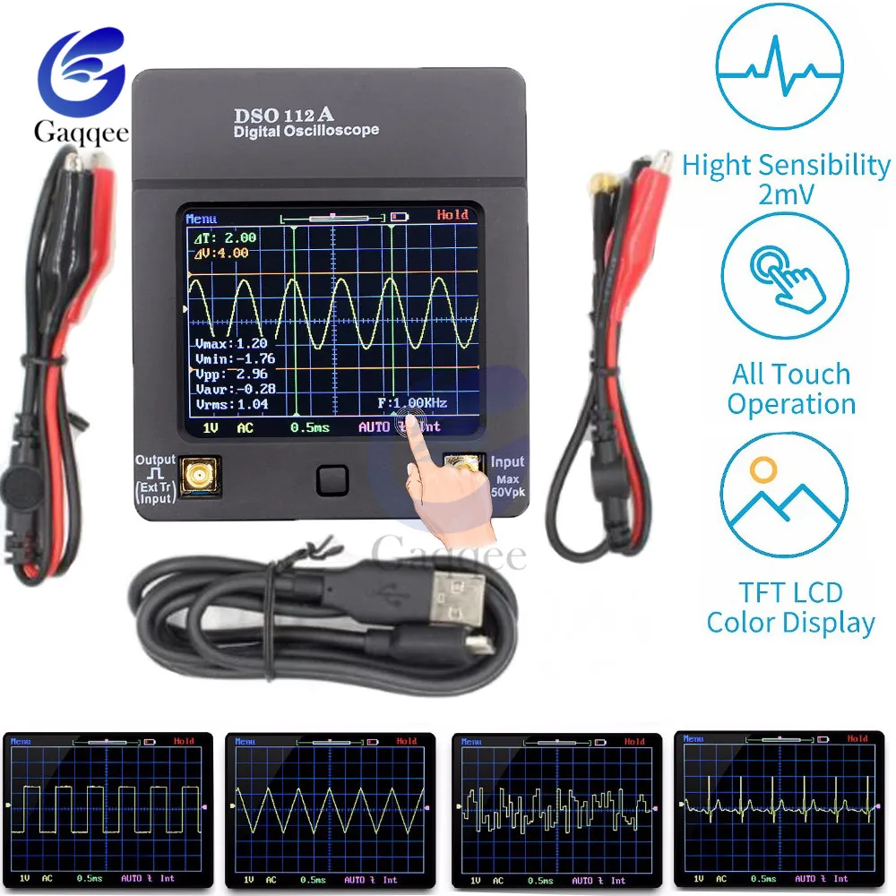 

DSO112A 8 Bit TFT Mini Digital Oscilloscope LCD Touch Screen Portable USB Oscilloscope Interface frequency Tester 2MHz 5Msps