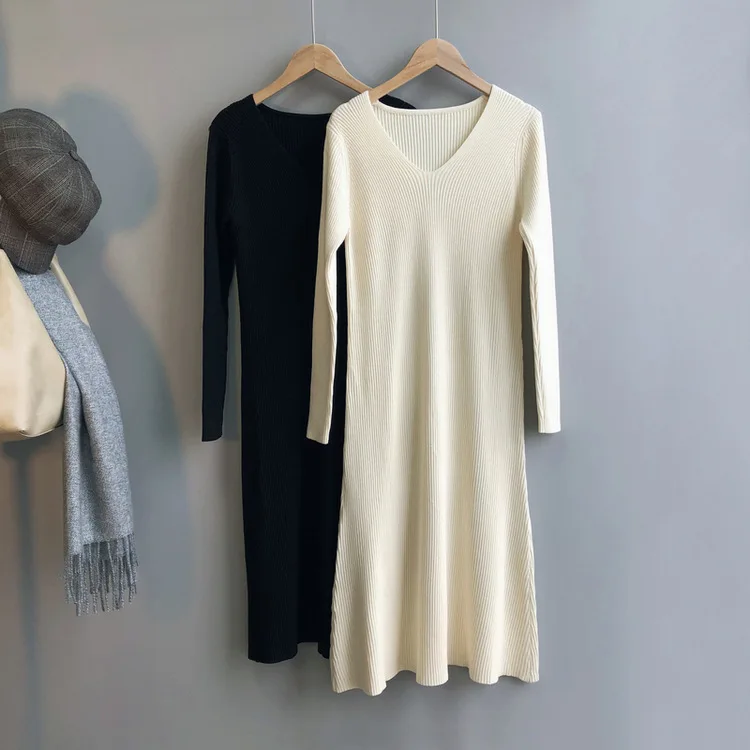 

Mooirue Autumn 2019 Female Knitted Dress Vintage Knitting V Neck Long Long Slim Women Winter Vestido