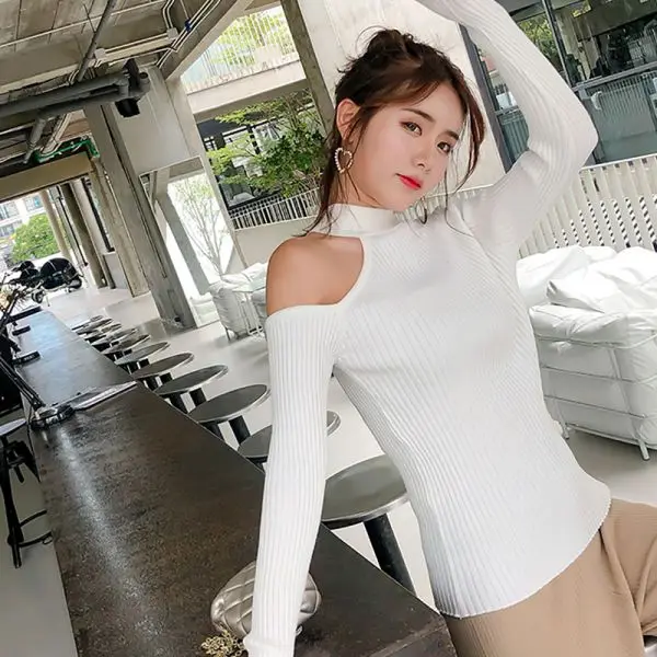 

Korean Style Solid Color Knitwear 2019 Winter Turtleneck Sweaters Sexy Cut Hollow Off Shoulder Slim Jumper Fall Pullover