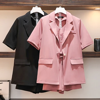 

COIGARSAM 4XL Plus Size Summer Women Shorts Pink Black Three-piece 678