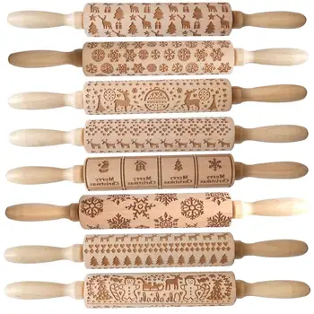 

Wooden Christmas Printing Rolling Pin Xmas Snowflake Snowman Elk Cake Dough Engraved Roller Noel Dessert Tools Natal Gift 2021