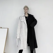 M-XL! Весна qiu загружен Темно-Черный Индивидуальный черно-белый полосатый контрастный цвет Мужская Средняя длина свободная ветровка