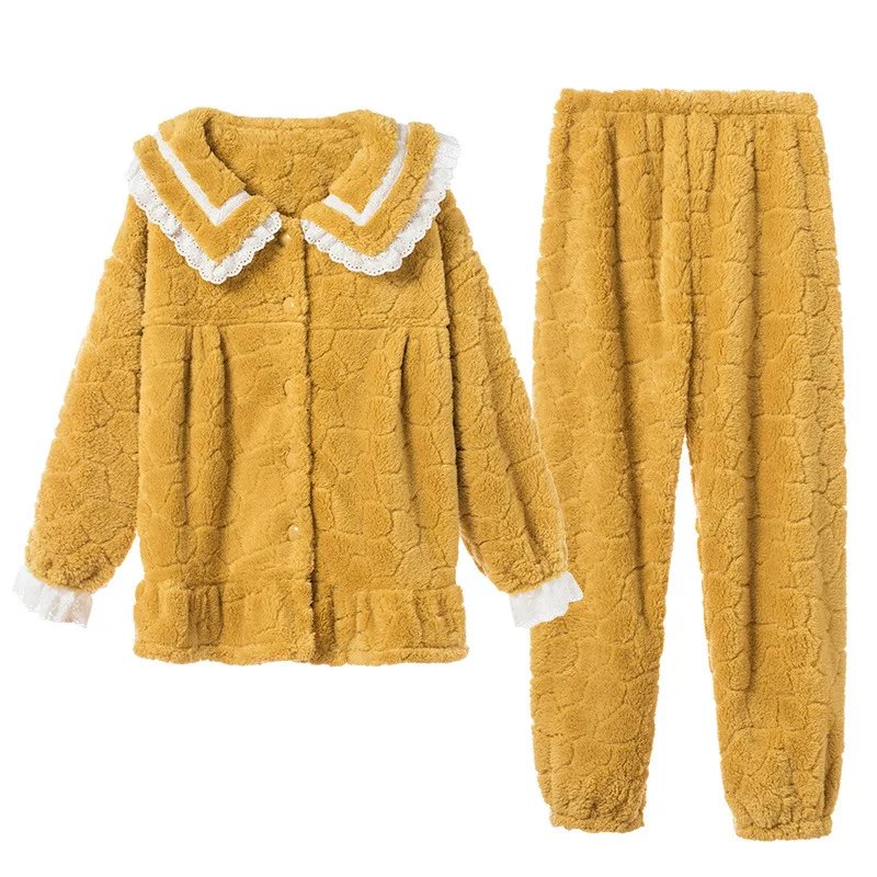 

2020 Autumn Winter Women Pajama Set Coral fleece Thick Warm Long Sleeve Pants Pajamas Sleepwear Female Cute Lace Homewear