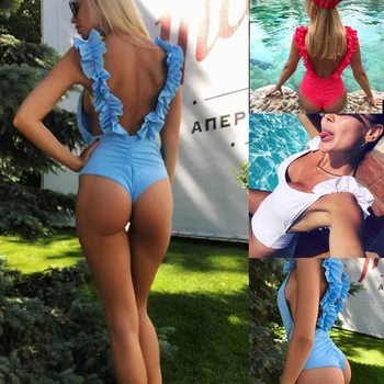 

Sexy Ruffle Swimsuit One Piece Swimwear Women 2020 Summer Backless Beachwear Lace Shoulder Bathing Suits Bodysuit Monokini