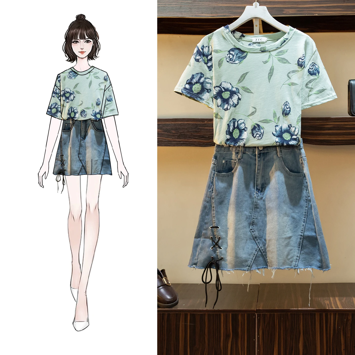 

2020 Spring New Women's Two-piece Sets Korean Casual Flower Print Round Neck Short Sleeve T-shirt + Denim Skirt Suit Plus 4XL