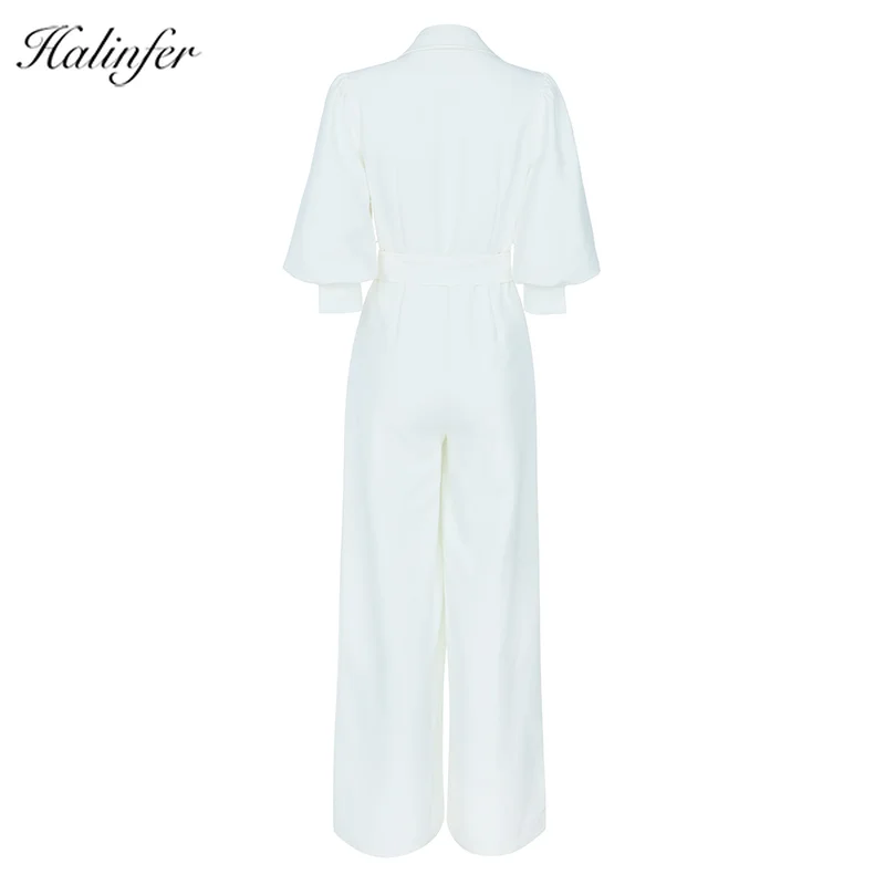 Повседневный Jumpsuit2019Summer костюм воротник Пузырьковые рукава Bodycon тянущаяся повязка комбинезон высокого качества WhitePlait женские комбинезоны