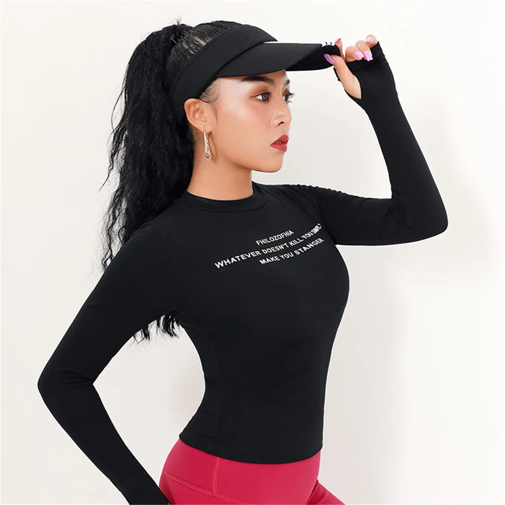

Autumn And Winter Printed Letter Quick-Dry Sports Yoga Jacket Women's Crew Neck Running Ultra-stretch Tight-Fit Training Yoga Su
