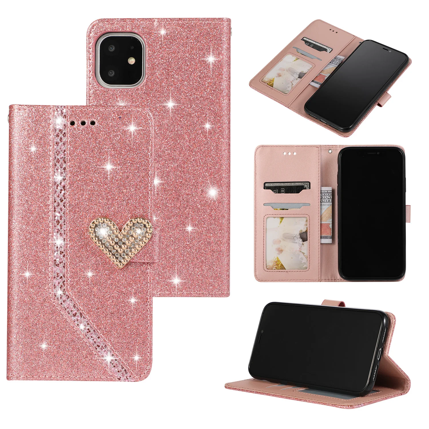 Sparkle Bling Glitter Case For iPhone 13 12 Mini 6 6s Plus 7 8 Leather Wallet Flip Phone Cover For iPhone 11 Pro Max XR XS Capa iphone pouch with strap Cases & Covers