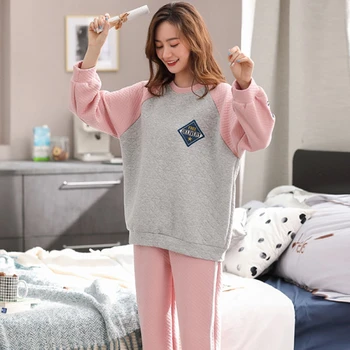 

Homewears Two-piece Suit Sleepwea Pajamas Women Winter Pure Cotton Sandwich Long-sleeved Plus Fertilizer Plus Thickening Pajamas