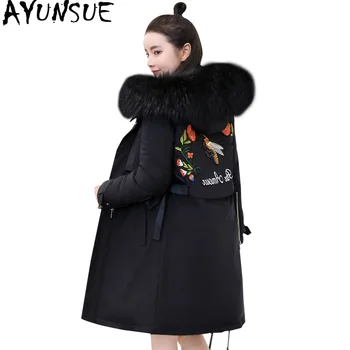 

AYUNSUE 2020 Parka Winter Jacket Women Clothes Down Cotton Long Coat Embroidery Korean Warm Parkas Large Fur Collar Coats KJ2894