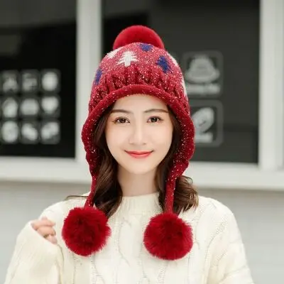 Зимняя женская шапка, комплект с нагрудником, вязаные толстые теплые шапочки с тремя помпонами, Женская Балаклава, многофункциональная шапка, шарф, набор - Цвет: Red wine hat scarf