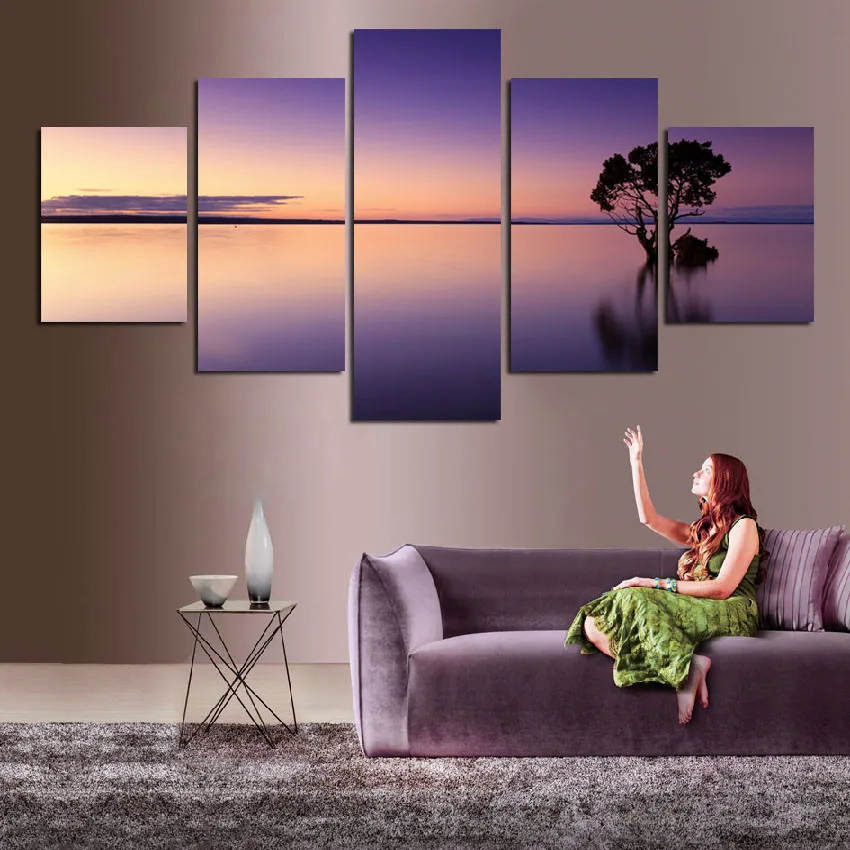 

Beautiful Purple 5Pcs Coastline Canvas Poster Irregular Shape 5Pcs Canvas Painting Hd Printing Home Decoration