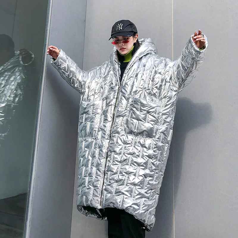 Зимнее длинное пальто для женщин модная блестящая металлическая Серебристая