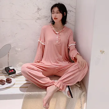 

Autumn New Home Clothes for Ladies Cotton Fabric Sleepwear Multi Colors Women Clothes Loose Casual Style Long-sleeved Pajama Set