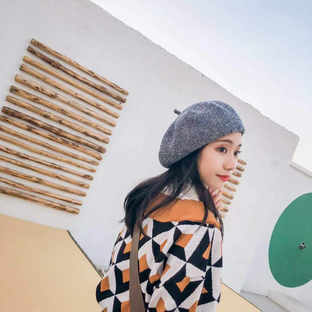 Женский шерстяной берет в винтажном стиле, шерстяная Повседневная шапка в японском стиле, простая осенне-зимняя универсальная Корейская Стильная шапка - Цвет: Navy