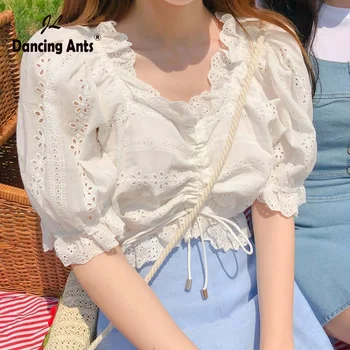 

Women Lace Blouses Short Sleeved Square Collar Hollow Out Sexy Crop Tops Korean Streetwear Solid Short Blouses 2020 Summer New