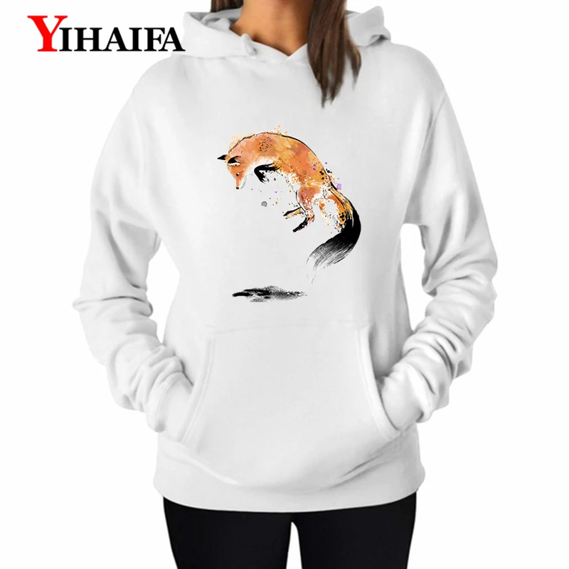 

YIHAIFA Woman Sweatshirts Painted Fox Printed Animal Graphics Women Long Sleeve Pullover Hoodies Female casual Coat