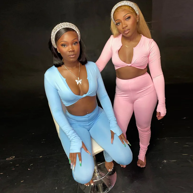 

Fitness Tracksuit Women Sexy Outfits Twist V Neck Long Sleeve Crop Top Leggings Bodycon Two Piece Set Outfits for Women