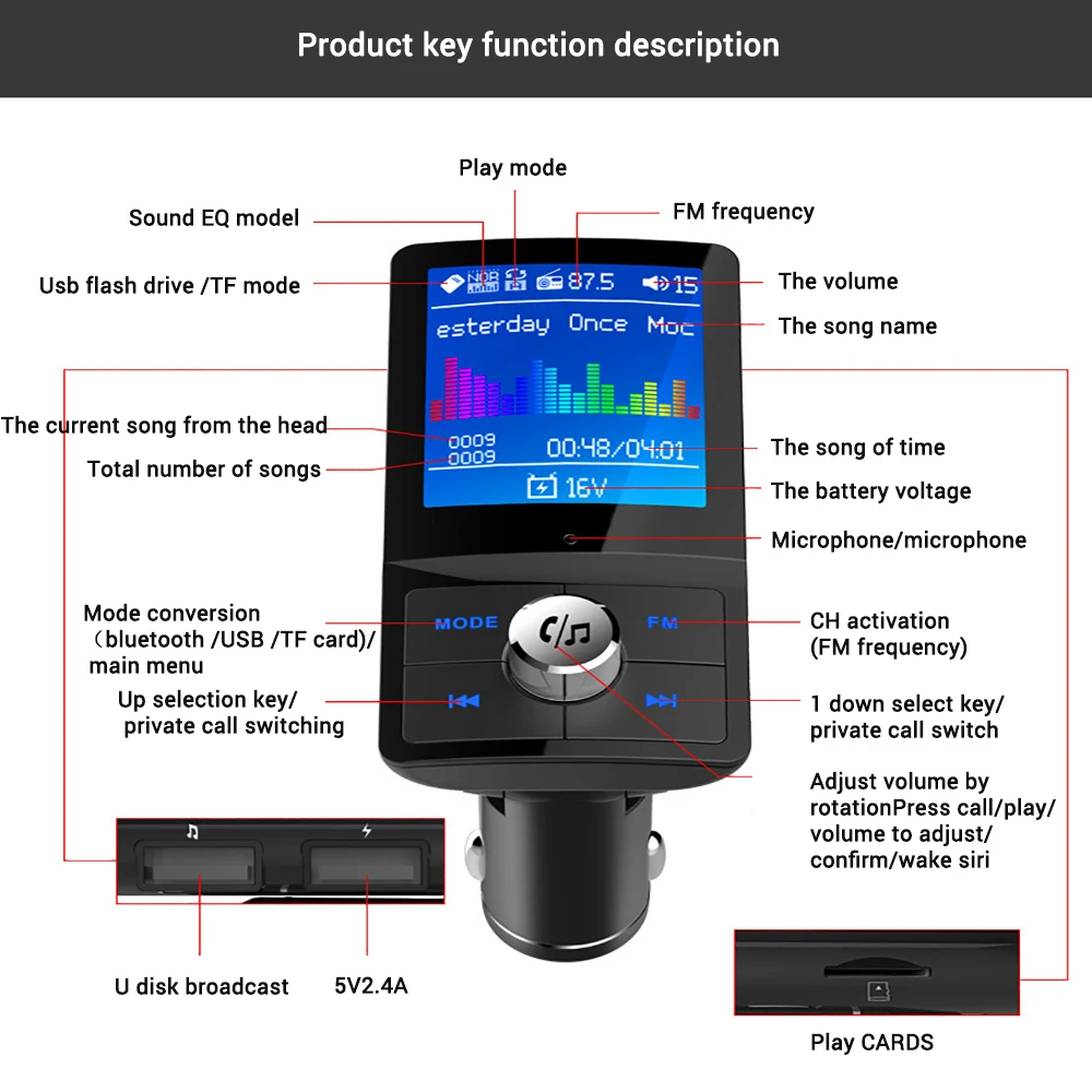 Автомобильный MP3-плеер Bluetooth fm-передатчик Aux In 5EQ музыка 1,77 'lcd Bluetooth 4,2 Handsfree автомобильный комплект 2-USB зарядное устройство Поддержка tf-карты