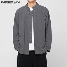 Рубашка из хлопка и льна, мужская рубашка со стоячим воротником,, длинный рукав, одноцветная, в китайском стиле, на пуговицах, брендовая, винтажная, повседневная, Camisa S-3XL INCERUN