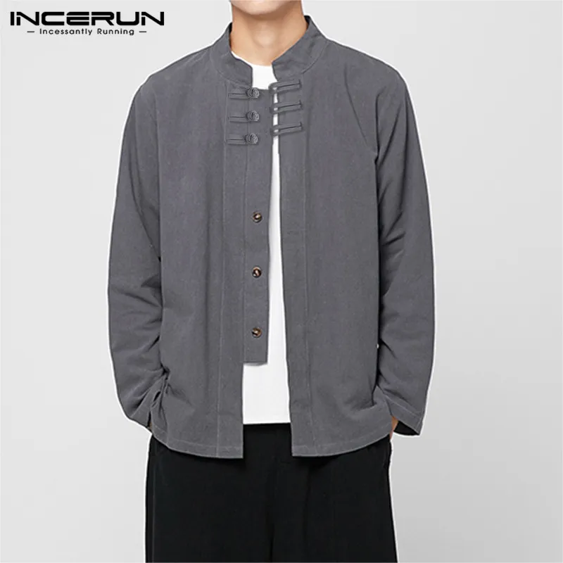 Beste Katoen Linnen Shirt Mannen Stand Kraag 2019 Lange Mouwen Effen Chinese Stijl Shirts Knop Merk Vintage Casual Camisa S 3XL INCERUN
