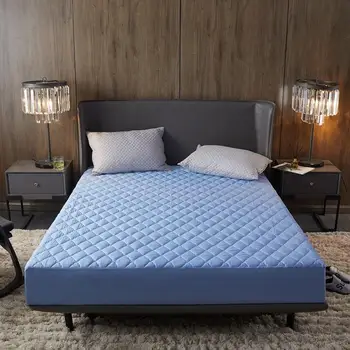 

Quilted Filling Mattress Cover Blue Color Plain Waterproof Mattress Protector Thicken Soft Double colchones de cama Fitted Sheet