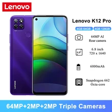 Lenovo K12 Pro Android 10 Cell Phones 6.8'' HD+ 4GB RAM Snapdragon 662 Octa Core 6000mAh 16MP Front Camera Mobile Phones