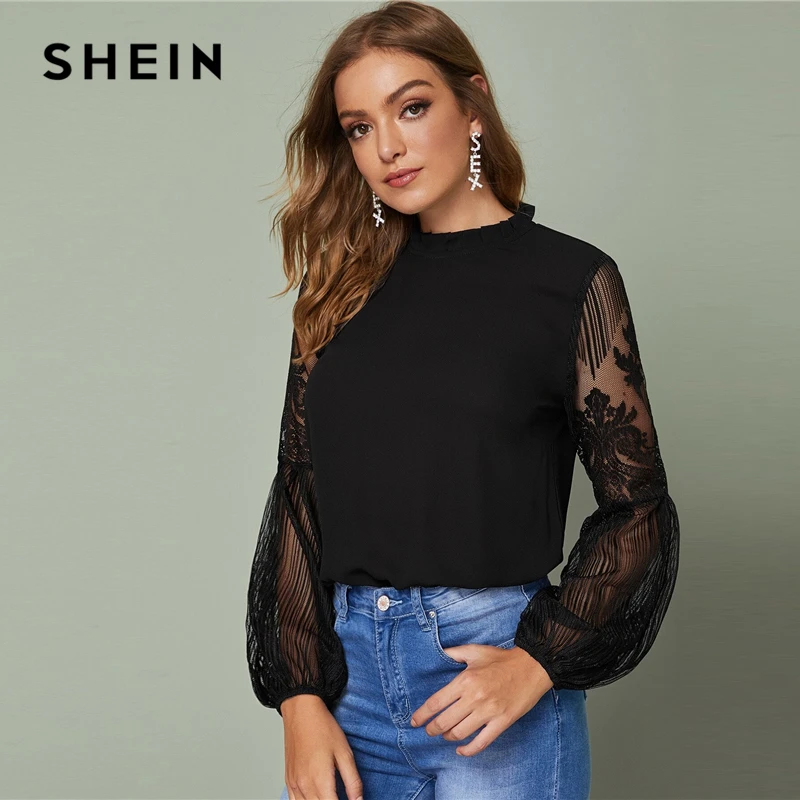SHEIN Черная кружевная прозрачная Элегантная блузка с оборками на шее, Топ для женщин, весна-осень, топы и блузки с рукавом-стойкой