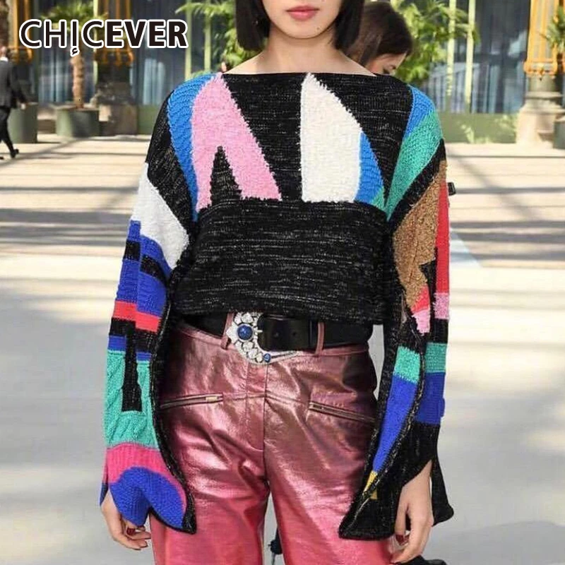 CHICEVER Patchwork Geometric Hit Color Women's Sweater O Neck Flare Sleeve Large Size Female Sweaters 2020 Autumn Fashion New | Женская
