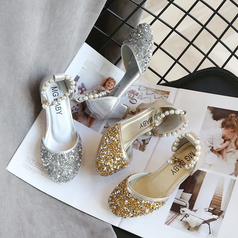 Spring Summer Girls Shoes dance Kids Sequin crystal High heel princess Shoes For wedding and Party Kids Sandals chaussure fille